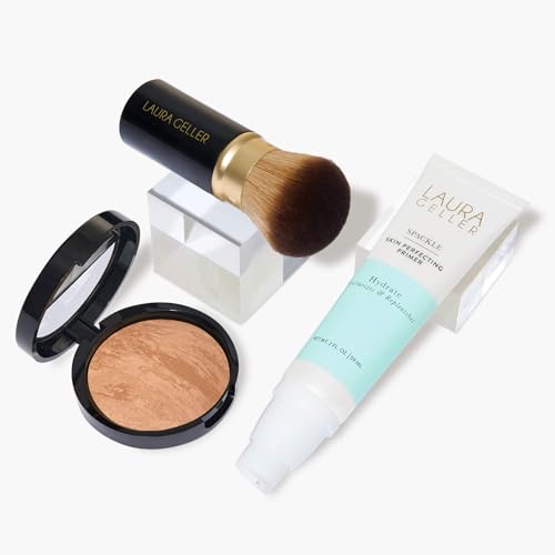 LAURA GELLER NEW YORK Laura's Must-Haves Kit 3pc: Baked Balance-n-Brighten Powder Foundation, Golden Medium + Spackle Skin Perfecting Makeup Primer, Hydrate + Airbrush Round Kabuki Brush