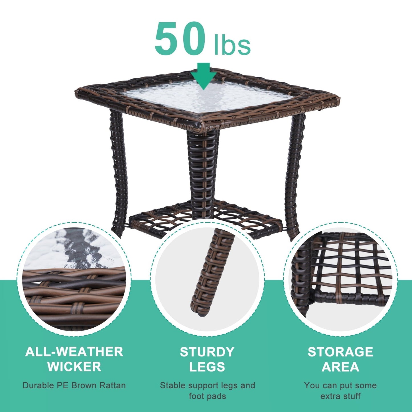 Buytoshop Outdoor Wicker Side Table, Rattan End Table with Glass Top, Patio Coffee Bistro Table for Garden Porch Balcony, Brown