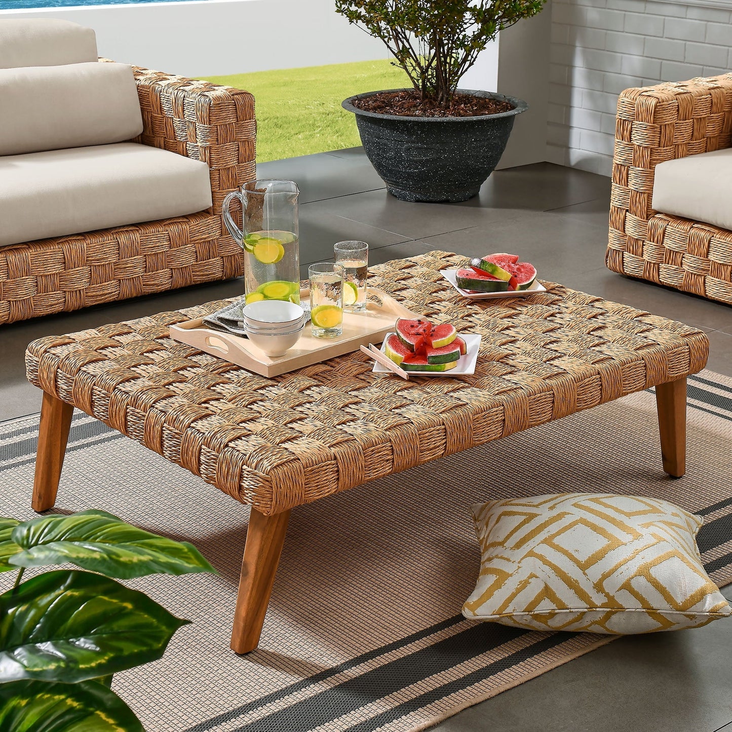 Coffee Side Table, Natural Brown, Wicker Rattan, Outdoor Patio Balcony Cafe Bistro Garden Hospitality Restaurant, Modern Contemporary, HB37236
