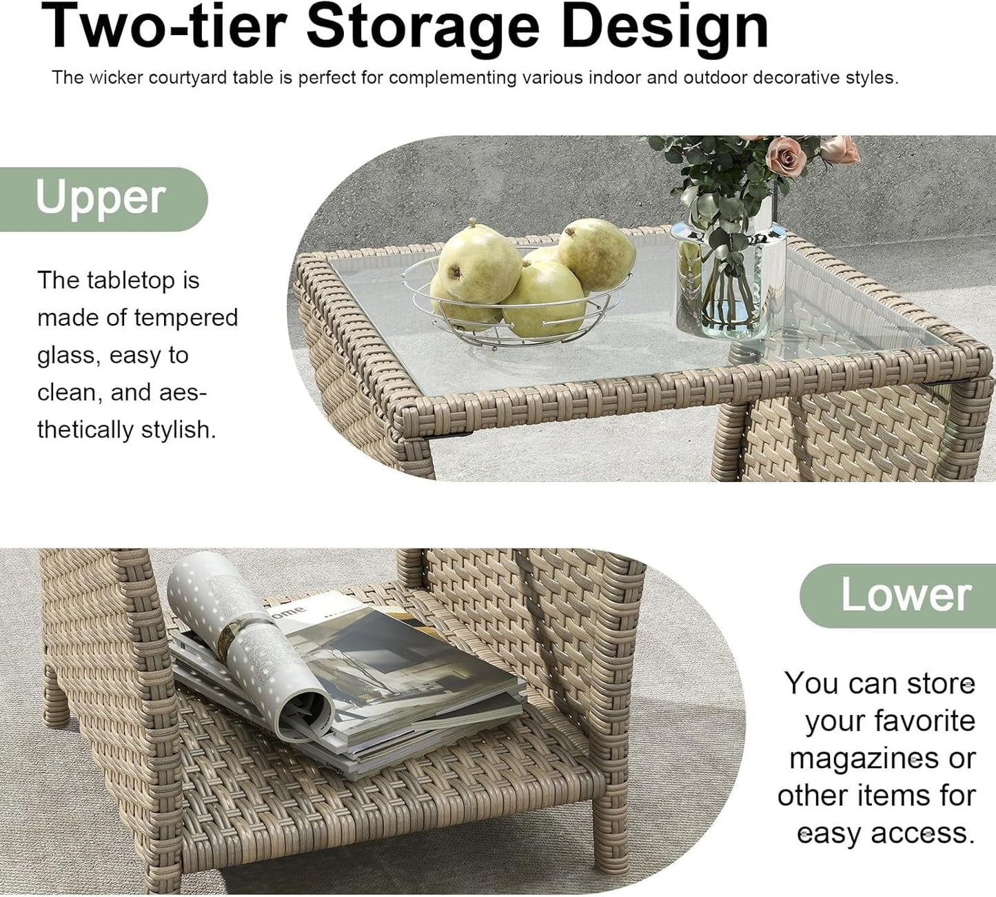 Kinbor Small Patio Table, Tempered Glass Top Outdoor Wicker Side Table with Storage Shelf, Durable PE Rattan & Iron Frame, Mixed Dark Brown