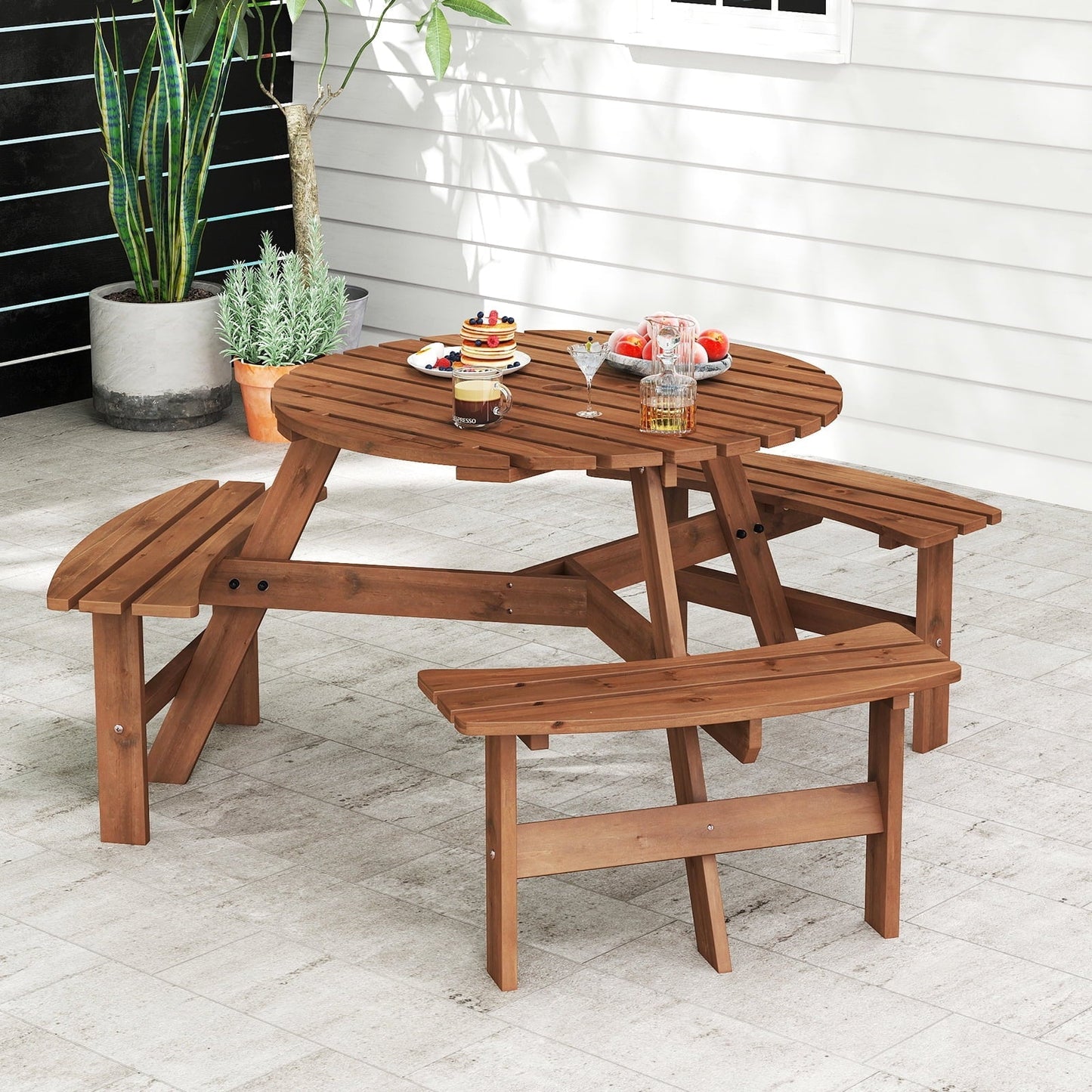 Gymax 6-Person Round Picnic Table Set w/ 3 Built-in Benches 2'' Umbrella Hole Brown