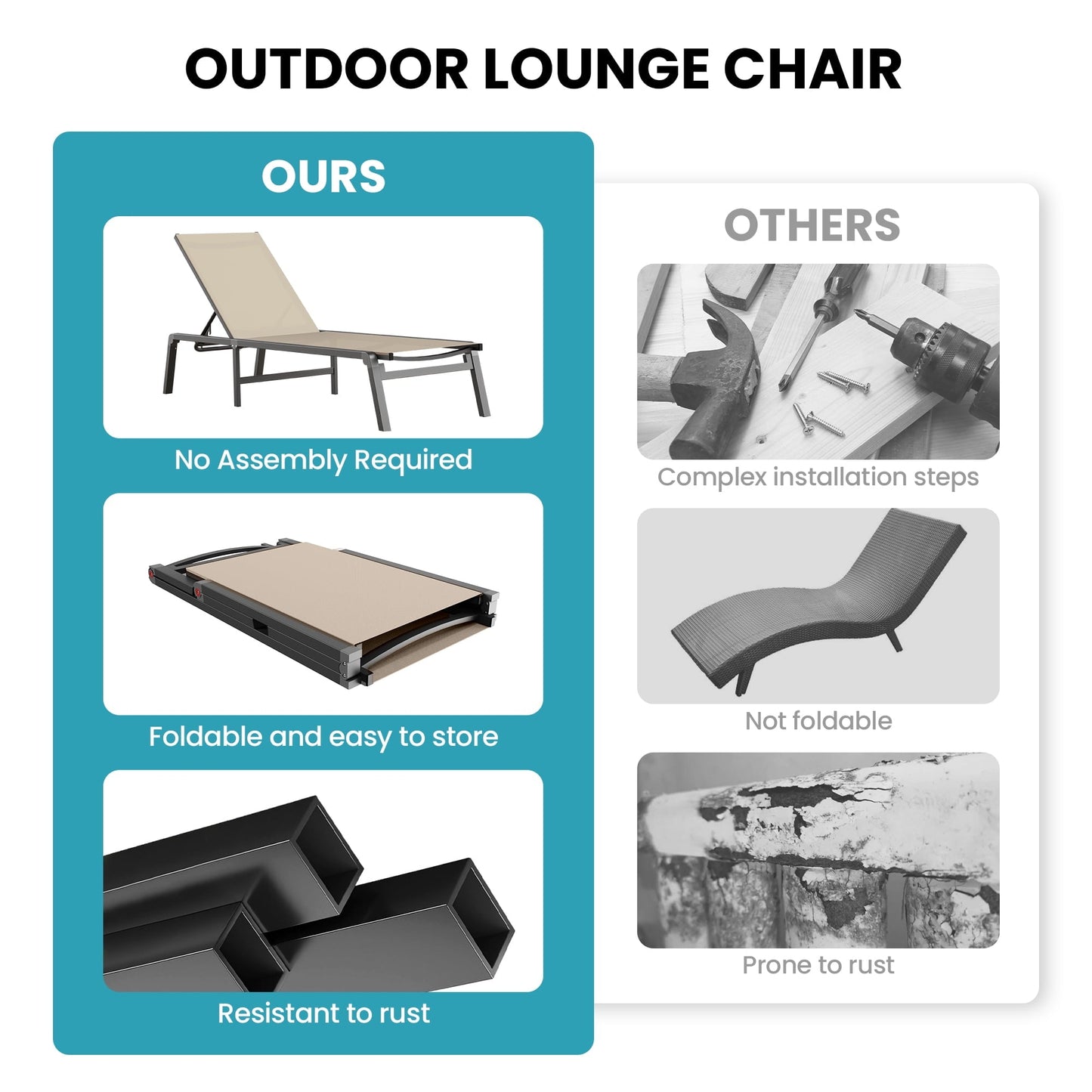 Ciokea Folding Pool Lounge Chair Outdoor 5 Adjustable Backrest Reclining Chair No Assembly Khaki