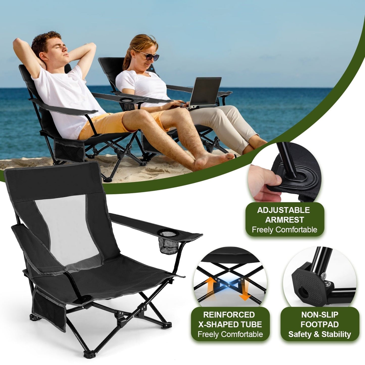 Joyfair Folding Backpack Beach Chair, Black Compact Lightweight Camping Chair with Carry Bag Cup Holder, Small Outdoor Reclining Low-Profile Travel Chair for Adult, Heavy-Duty