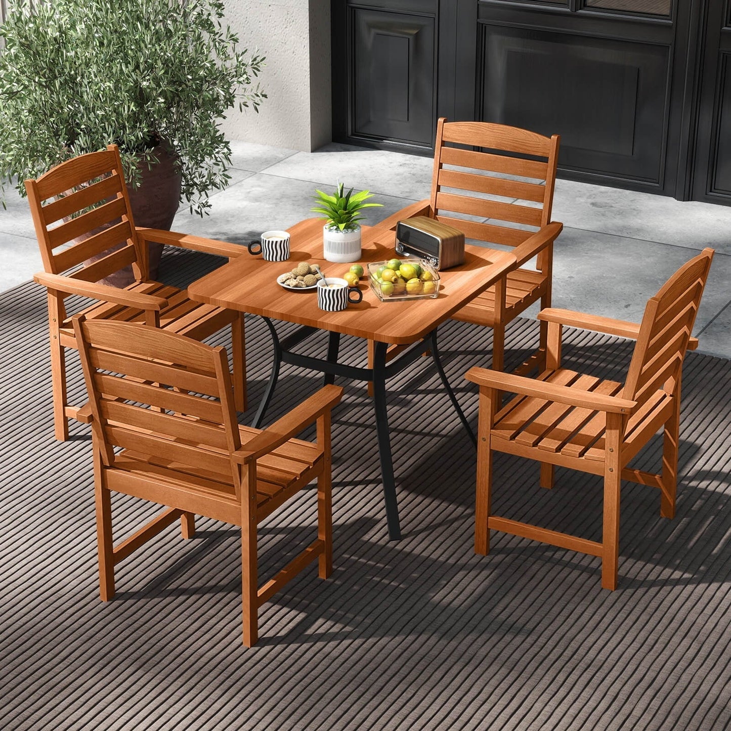 Costway Patio Chairs Set of 2 with Inclined Backrests and Slatted Seats for Deck
