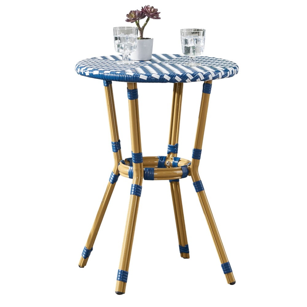 IVV 21.75” Round Bistro Dining Table with Aluminum Frame and Rattan Top in Blue/White, French Country Style for Indoor/Outdoor Use