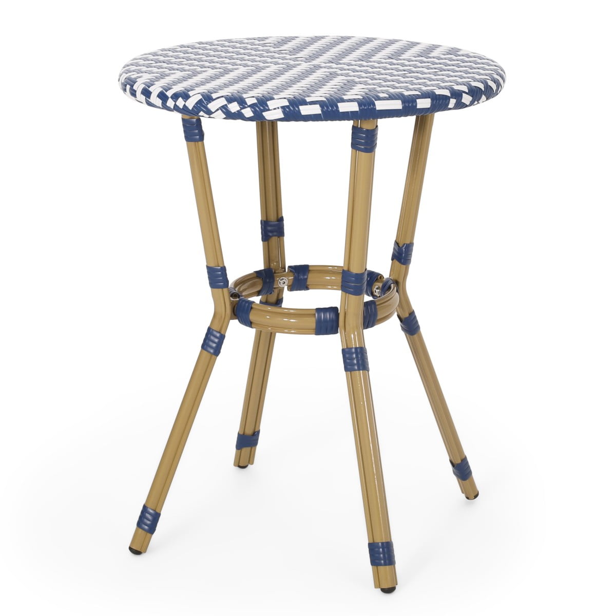 IVV 21.75” Round Bistro Dining Table with Aluminum Frame and Rattan Top in Blue/White, French Country Style for Indoor/Outdoor Use
