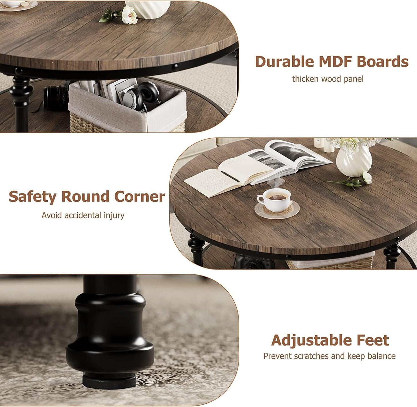 2-Tier Round Wood Coffee Table With Storage Shelf & Roman Column Metal Frame – Rustic Circle Center Table With Easy Assembly for Living Room, Reception Room ，30.5" x 30.5" x 18", Wood Grain Brown