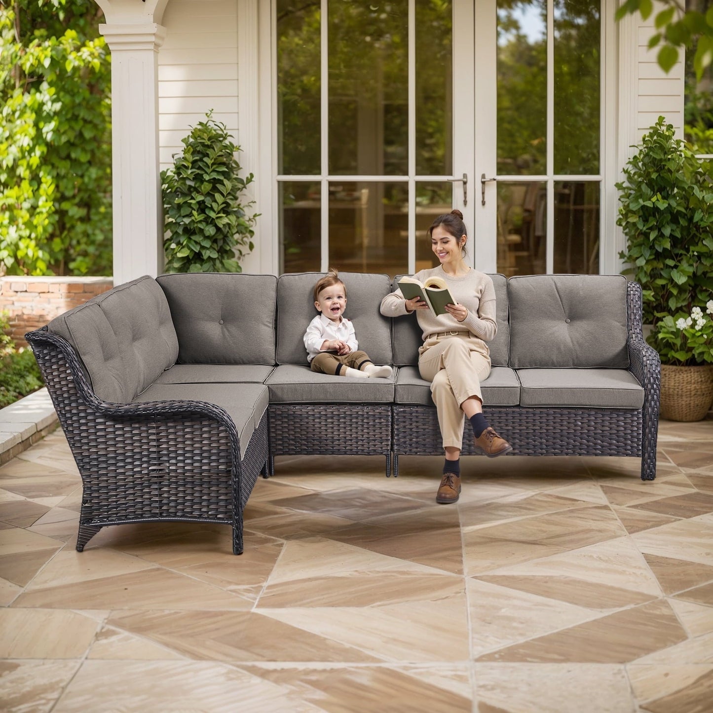 Gymojoy 2-Piece Outdoor Patio Furniture Set, L-Shaped Sectional Sofa, All-Weather PE Wicker Rattan Conversation Set,Brown/Gray