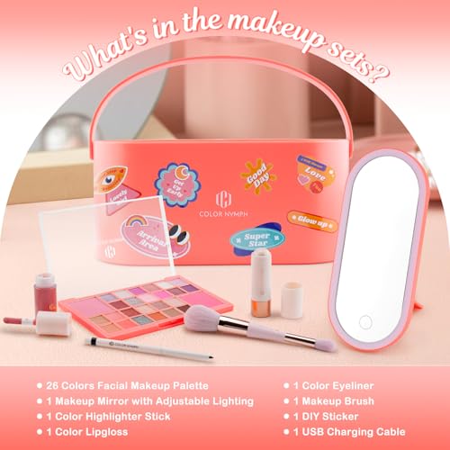 Color Nymph Makeup for Kids丨Kids Makeup Sets for Girls with LED Mirror, Makeup Kit for Teens Non-Toxic with 26-Color Vegan Face Palette Highlighter Lipgloss Eyeliner Brush