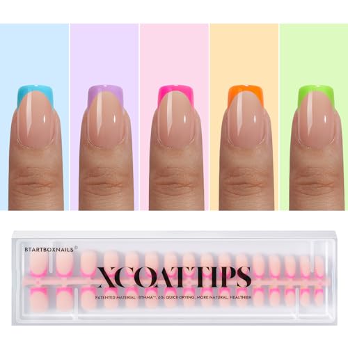 BTArtboxnails XCOATTIPS Summer Press on Nails - Lamp-Curable Short Square Brighter Pastel Press on Nails, 160 Soak Off Coloful French Tip Nails Extensions, Builder Gel & Top Coat Required