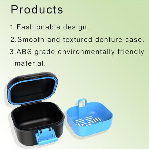 BVN Leak-Proof Denture Case, Denture Cup for Soaking Dentures, Retainer Cleaning Case Black and Bule Dent