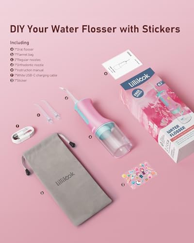Kids Water Flosser Pink, Rechargeable Oral Irrigator for Kids Aged 6+, 4 Modes, 3 Jet Tips, Fun Stickers, Safe and Gentle Oral Care