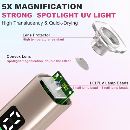 Cordless Electric Nail Drill with UV Light Lamp, 14 in 1 Electric Nail File Drill, 5 Speed LCD Display Rechargeable Professional Manicure Pedicure Kit(Gold) (Gold)