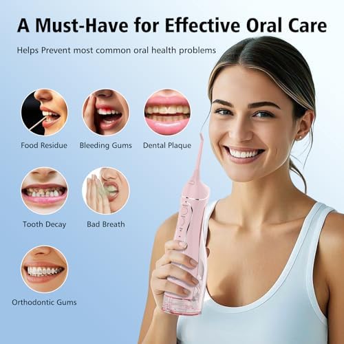 Leominor Water Dental Flosser Pick for Teeth, 300ML Portable Oral Irrigator Upgraded Tank Removable,IPX7 Waterproof, Rechargeable Travel Teeth Cleaner, Professional Electric Flossing (Pink)