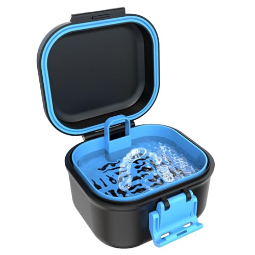 BVN Leak-Proof Denture Case, Denture Cup for Soaking Dentures, Retainer Cleaning Case Black and Bule Dent
