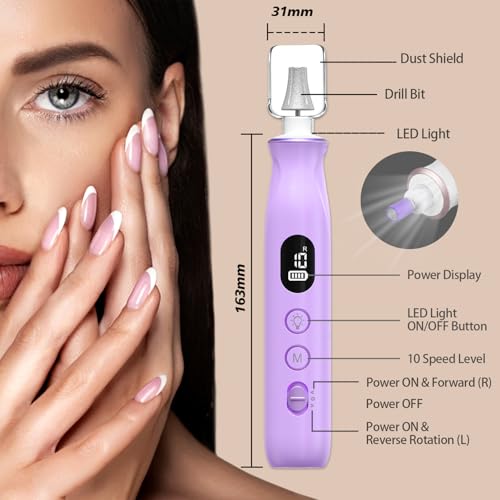 Cordless Electric Nail File Set, 10 Speeds Professional Manicure Pedicure Kit with LED Light, Portable Nail Drill for Natural & Acrylic Nails, Human & Pet Thick Toenails, w 120*Sanding Bands (Purple)