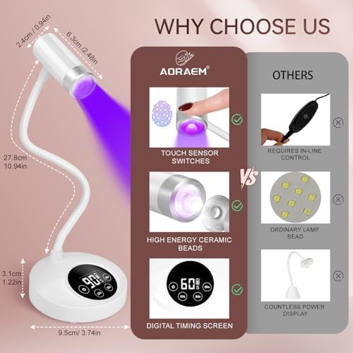 AORAEM UV LED Nail Lamp, Rechargeable Gooseneck Lamp for Gel x Nails 12W Quick Dry LED Nail Light Nail Dryer with 4 Timers & Auto Sensor, Professional Flash Cure Light for Gel Nails Home DIY White