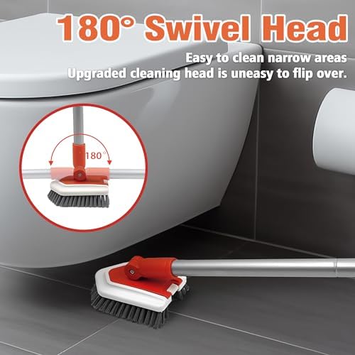 JEHONN Shower Cleaning Brush, Tub Tile Scrubber with Telescopic 51 inches Long Handle, 4 Scrub Heads for Bathroom Bathtub Floor Baseboard Sink Toilet