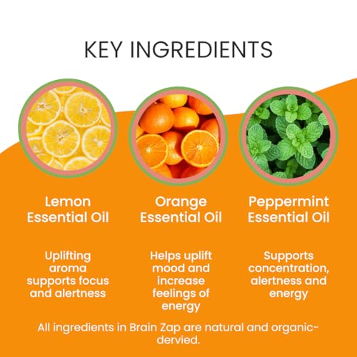 BRAIN ZAP Aromatherapy Roll On (12ml) for Energy, Focus, Mental Clarity, and Inspiration |Mood Lifting Citrus, Mint and Herbal Fragrance |Natural Study Aid | Birthday Gift | Wellness Stocking Stuffer