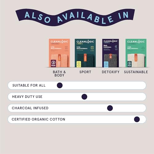 Cleanlogic Detoxify Purifying Charcoal Infused Exfoliating Body Scrubber, Reusable Exfoliator Tool for Smooth and Softer Skin, Daily Skincare Routine, 3 Count Value Pack