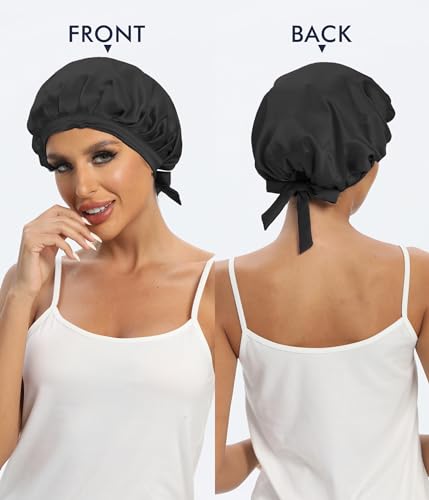 Cocheng 100% Mulberry Silk Bonnet Double-Sided Silk Sleep Cap With Adjustable Ribbon 19 Momme Silk Bonnet for Sleeping(Black)