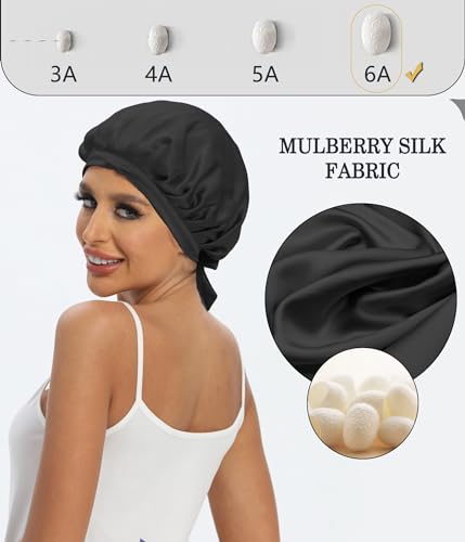 Cocheng 100% Mulberry Silk Bonnet Double-Sided Silk Sleep Cap With Adjustable Ribbon 19 Momme Silk Bonnet for Sleeping(Black)