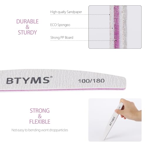 BTYMS 100Pcs 100/180 Grit Nail File and Buffer Professional Double-Sided Emery Boards for Acrylic, Gel & Natural Nails