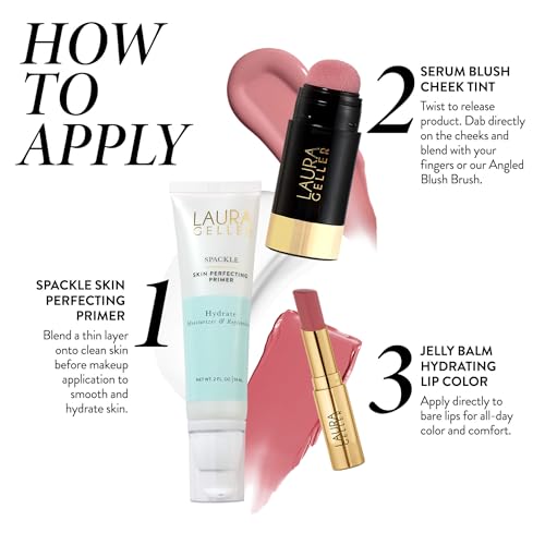 LAURA GELLER NEW YORK Hydration Heroes Kit: Spackle Primer, Hydrate + Jelly Balm Tinted Lip Balm, In the Buff + Serum Blush Cheek Tint (Just Peachy Lip Balm + Poppy Peach Blush)