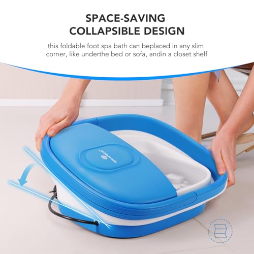 Collapsible Foot Spa Bath Massager with Heat-Maintaining, Bubbles, Red Light, 8 Shiatsu Massage Rollers, A Double-Sided Foot File for Stress Relief & Soft Feet, Space-Saving Feet Soaker, Blue