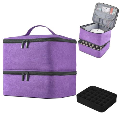 Buruis Double-Layer Nail Polish Organizer Bag, Holds 27 Bottles (15ML/0.5 FL.OZ or Larger), Nail Tools & Dryer Storage Case with Adjustable Dividers (Purple)