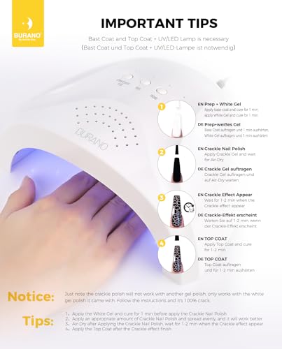 BURANO Crackle Gel Nail Polish Set - 7 Colors + White, Super Easy Cracked Nail Polish, Air Dry & UV Lamp Needed