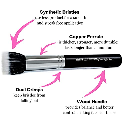Large Stippling Foundation Makeup Brush – Beauty Junkees Flat Top Duo Fiber Synthetic Stipple Make Up Brushes, Sheer Flawless Blending Liquid, Cream, Powder Cosmetics, Vegan, Cruelty Free
