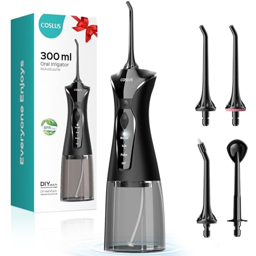 COSLUS Water Dental Flosser Pick for Teeth: 4 Modes Cordless Portable 300ML Larger Tank Water Teeth Cleaner IPX7 Waterproof Flossing Cleaning Picks for Home Travel Black C30(FC5360)