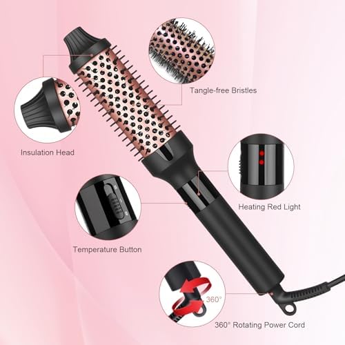 hopopower 1.25/1.5 Inch Curling Iron Brush Ceramic Double PTC Heated Round Hair Curling Comb, Tourmaline Ionic Hot Hair Curler Thermal Brush Blowout Dual Voltage for Traveling (1.25inch)