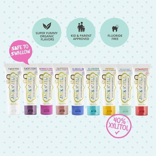 Jack N' Jill Natural Toddler Toothpaste - Fluoride Free Training Toothpaste for Toddlers 1-3, 40% Xylitol, BPA Free - Strawberry & Blueberry, 1.76 oz (Pack of 2)