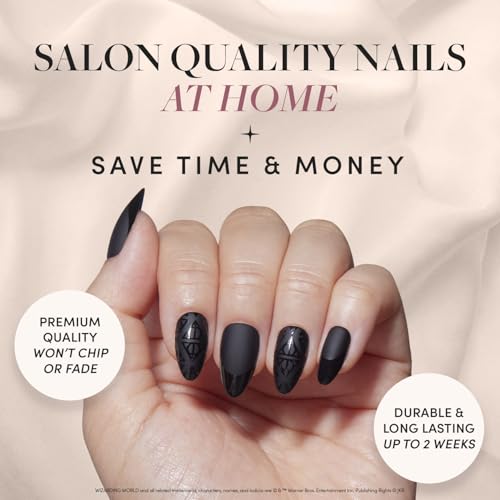 Harry Potter™ x Glamnetic Press On Nails - Deathly Hallows™ | Black Harry Potter™ Graphic Short Almond False Nails, Reusable Stick On Fake Nails with Glue | Salon Quality | 15 Sizes - 30 Nail Kit