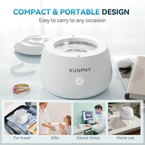 KUNPHY Ultrasonic Retainer Cleaner, 48kHz Denture Cleaner Machine with Cleaning Tablets, Water-Proof Dental Cleaning Pod for Deep Cleaning Night Guard, Mouth Guard, Aligner, Jewelry, White