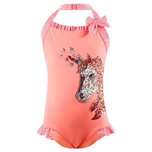 Julysand Toddler Girls Orange One Piece Swimsuit Sequin Unicorn Swimwear Bow Ruffled Bathing Suit