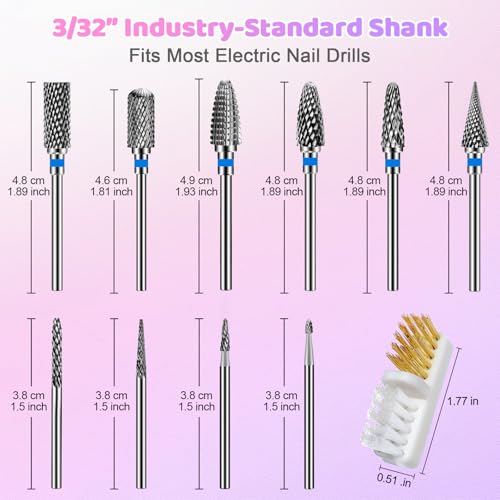 CGBE Nail Drill Bits Set: 10PCS Tungsten Carbide Nail Drill Bits for Acrylic Nails, 3/32'' Shank Professional Nail Bits for Nail Drill Cuticle Drill Bit for Home Salon Nail Enthusiasts Manicurist
