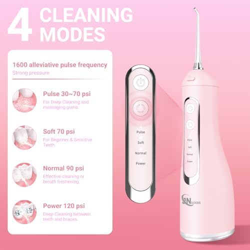 Cordless Water Dental Flosser Oral irrigator,JNGOODS 300ml Rechargeable Water flosser for Teeth IPX7 Waterproof 4 Modes Portable Oral Irrigator with 4 Jet Tips, Travel Home use (Pink)