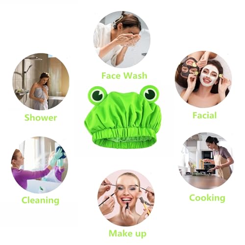 LamaMe Shower Cap, Waterproof Reusable Double Layers Bath Cap Elastic Band Hair Cap Green Frog Shower Cap for Women Ladies Spa Salon, Small