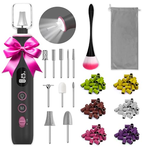 Cordless Electric Nail File Set, 10 Speeds Professional Manicure Pedicure Kit with LED Light, Portable Nail Drill for Natural & Acrylic Nails, Human & Pet Thick Toenails, w 120*Sanding Bands (Black)