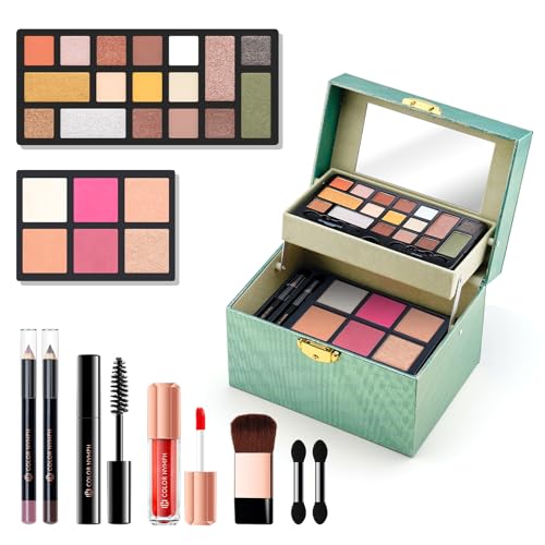 Color Nymph Beginner Makeup Kit For Teens, Girls Makeup kits With Recyclable And Key-Lockable Cabinet Included 17-Colors Eyeshadows Blushes Bronzer Highlighter Lipstick Brushes Mirror(Green)