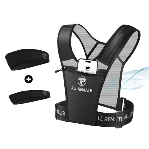 ALL REMATE Reflective Ventilative Adjustable Unisex Running Vest with 5 Pockets for Phones, Water bottles, Ear Bud Case, Keys with 2 Sport Head Bands
