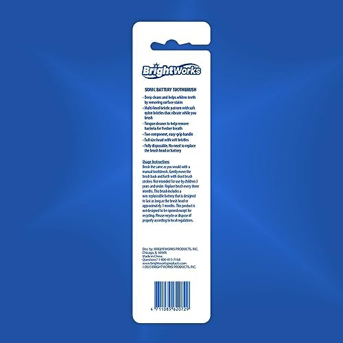 BrightWorks Sonic Battery Powered Toothbrush (2-Pack) (Blue/Purple) Soft Multi-Level Bristles for Whole Mouth, Vibrating Bristles Deep Clean, with Whitening Pads and Tongue Cleaner.