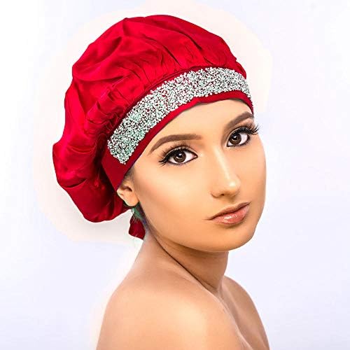 Large Size Soft Silk Bling Bonnet Sleep Cap, Extra Large for Braids, Satin Smooth Rhinestone Night Hat