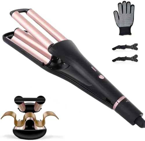 Crimper Hair Tool with 3 Ceramic Barrels, Beach Waves Curling Iron 3/4 & 1 & 1 1/4 Inch, Deep Waver with 4 Heat Settings, Adjustable Curling Wand for Long Hair Women, Dual Voltage