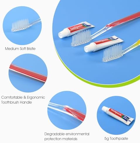 Homvle 100 Packs Disposable Toothbrushes with Toothpaste, Individually Wrapped Travel Toothbrush and Toothpaste Buld for Travel Size Toiletries, OCC, Airbnb, Dentist, Office/4 Colorful