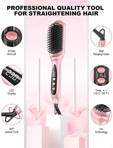 LANDOT Inoic Hair Straightener Brush for Smooth, Frizz-Free Results - Electric Heated Ceramic Straightening Brush Dual Voltage - Fast Heating Adjust Temp 250-450F for All Hair Types