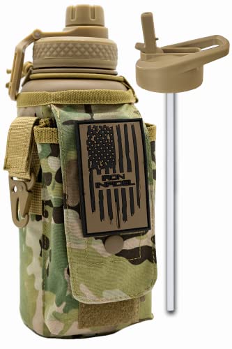 Iron Infidel Battle Bottle - 32 Oz Insulated Water Bottle with Straw Lid & Chug Cap, Stainless Steel Metal Tactical Flask With Rugged, Removable Sleeve for Keys & Phone or Wallet (OCP Camo 1 Liter)
